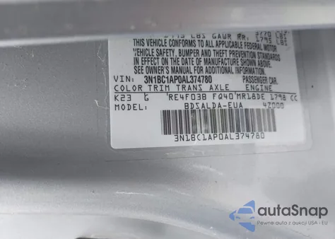 2010 Nissan Versa 1.8S z USA, uszkodzony, nr VIN 3N1BC1AP0AL374780